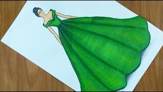 Dress drawing on a girl  fashion illustration drawing step by step [upl. by Atiker]