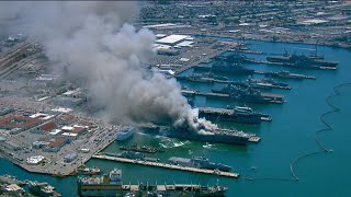 USS Bonhomme Richard on fire at Naval Base San Diego  July 12 2020 [upl. by Ajar1]