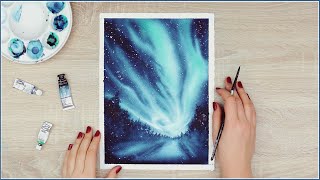 How to Paint Northern Lights with Watercolors  Watercolor Painting Ideas [upl. by Mischa813]