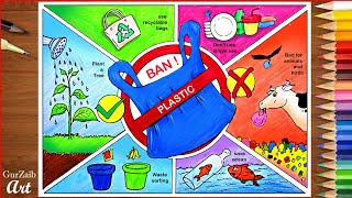 How to draw stop plastic pollution drawing  poster chart project making ideas  ban plastic [upl. by Custer338]