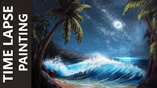 Ocean Waves on a Moonlit Beach  Acrylic Time Lapse Painting Tutorial [upl. by Garrik47]