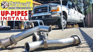 2001 F350 73  RiffRaff UpPipes Install  Stock up pipes leaking and falling apart JUNK SP [upl. by Golliner454]